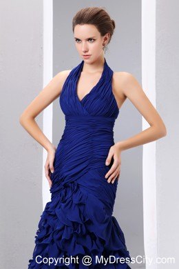 Ruffled Navy Blue Mermaid Halter Prom Dress with Court Train