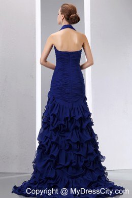 Ruffled Navy Blue Mermaid Halter Prom Dress with Court Train