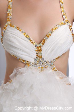 White Sexy Beaded Spaghetti Straps Pageant Dress with Cutout