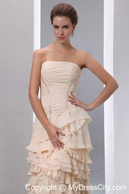 Champagne Slinky Pageant Dress with Ruffled Layers with Train