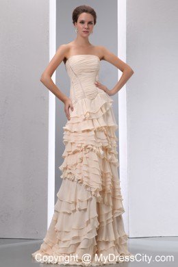 Champagne Slinky Pageant Dress with Ruffled Layers with Train