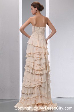 Champagne Slinky Pageant Dress with Ruffled Layers with Train