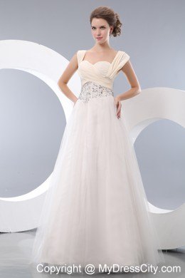 White A-line Beaded Floor-length Pageant Dress with Straps