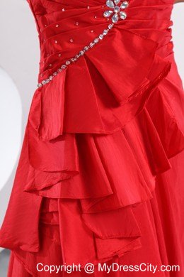 Hot Red Strapless Beading Prom Pageant Dress with Tieback