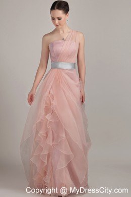 Ruffled Pink Organza Prom Dress with Single Shoulder for Cheap