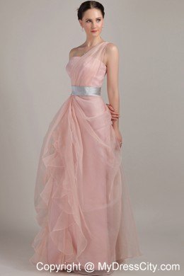 Ruffled Pink Organza Prom Dress with Single Shoulder for Cheap