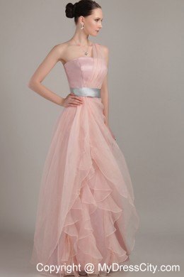 Ruffled Pink Organza Prom Dress with Single Shoulder for Cheap