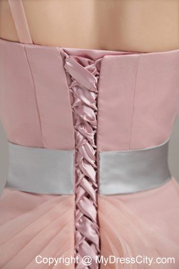 Ruffled Pink Organza Prom Dress with Single Shoulder for Cheap