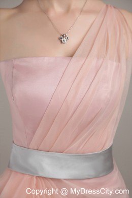 Ruffled Pink Organza Prom Dress with Single Shoulder for Cheap