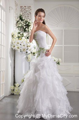 White Strapless Prom Gowns with Appliques and Ruffled Layers