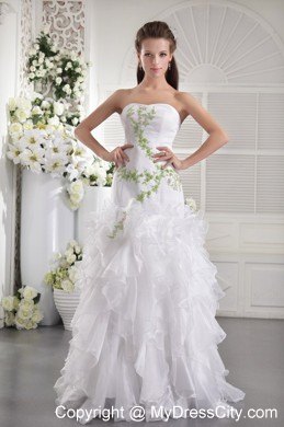 White Strapless Prom Gowns with Appliques and Ruffled Layers