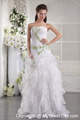 White Strapless Prom Gowns with Appliques and Ruffled Layers