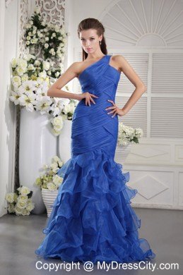 Blue Ruffled Mermaid Pageant Dress with Single Shoulder on Sale