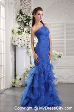 Blue Ruffled Mermaid Pageant Dress with Single Shoulder on Sale