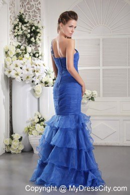 Blue Ruffled Mermaid Pageant Dress with Single Shoulder on Sale