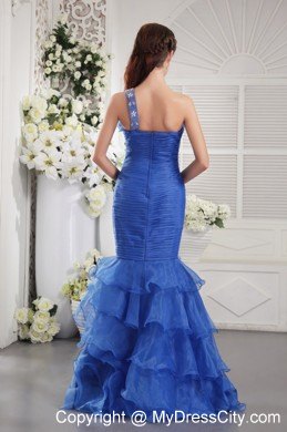 Blue Ruffled Mermaid Pageant Dress with Single Shoulder on Sale