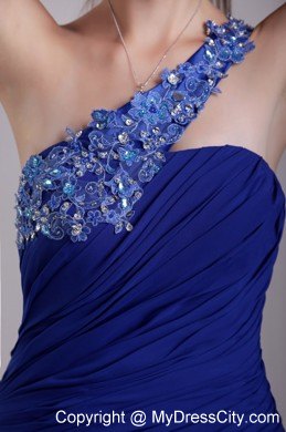 Latest Blue One Shoulder Appliques Pageant Dress with Beadings