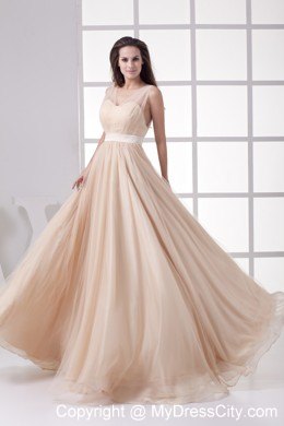 V-neck Sheer Champagne Tulle Overlaid Pageant Dress with Cool Back