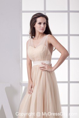 V-neck Sheer Champagne Tulle Overlaid Pageant Dress with Cool Back