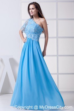 Lace Covered Bodice with One Shoulder Short Sleeve Pageant Dress