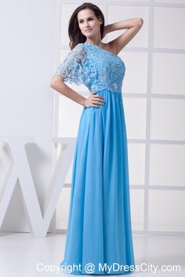 Lace Covered Bodice with One Shoulder Short Sleeve Pageant Dress