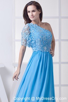 Lace Covered Bodice with One Shoulder Short Sleeve Pageant Dress