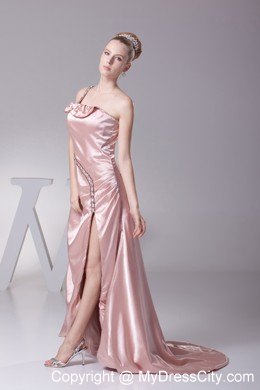 Blush Colored Jeweled One Shoulder Strap High Slit Pageant Dress