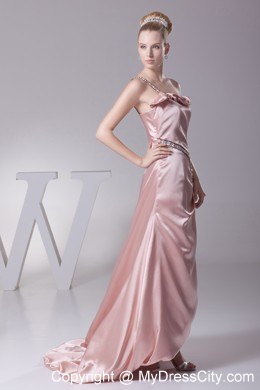 Blush Colored Jeweled One Shoulder Strap High Slit Pageant Dress