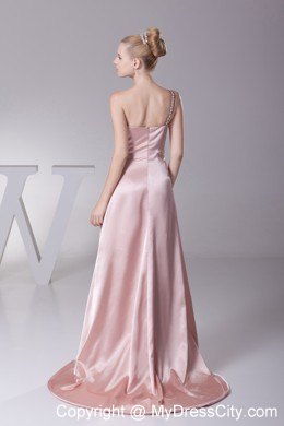 Blush Colored Jeweled One Shoulder Strap High Slit Pageant Dress