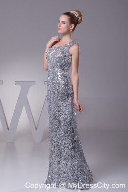 Silver Paillette Fabric One Shoulder Column Floor-length Pageant Dress