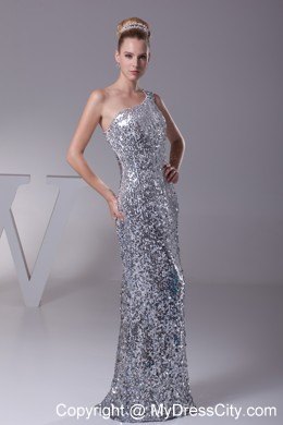 Silver Paillette Fabric One Shoulder Column Floor-length Pageant Dress