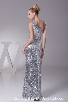 Silver Paillette Fabric One Shoulder Column Floor-length Pageant Dress