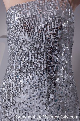 Silver Paillette Fabric One Shoulder Column Floor-length Pageant Dress