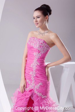 Rose Colored Dropped Waist Pageant Dress with Slit on Ruffled Layers Skirt