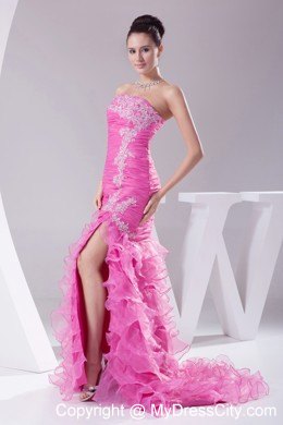 Rose Colored Dropped Waist Pageant Dress with Slit on Ruffled Layers Skirt