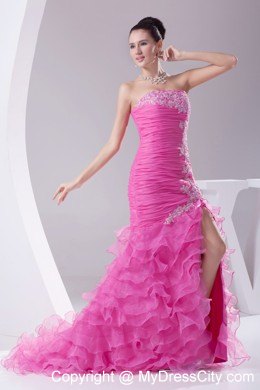 Rose Colored Dropped Waist Pageant Dress with Slit on Ruffled Layers Skirt