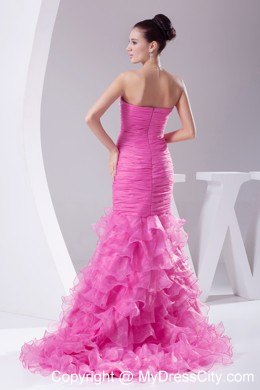 Rose Colored Dropped Waist Pageant Dress with Slit on Ruffled Layers Skirt