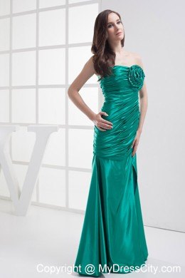 Turquoise Dropped Waist High Slit Pageant Dress with Big Handmade Flower