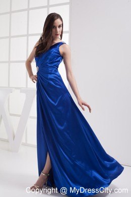 Royal Blue Asymmetric Neckline High Slit Pageant Dress with Brooch