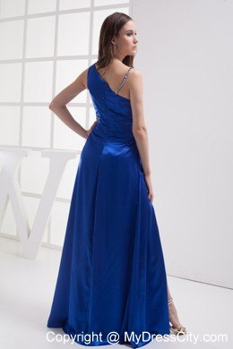 Royal Blue Asymmetric Neckline High Slit Pageant Dress with Brooch