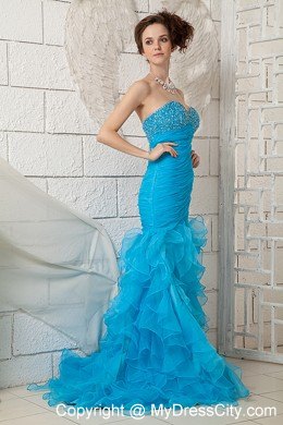 Brush Train Ruffled Mermaid Skirt Pageant Dress with Jeweled Ruching Bodice