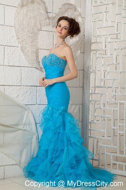 Brush Train Ruffled Mermaid Skirt Pageant Dress with Jeweled Ruching Bodice