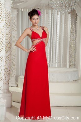 Sexy Jeweled Double Straps Red Pageant Dress with Stomach Cutout