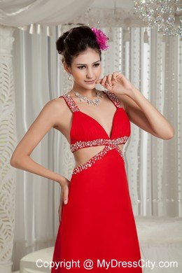 Sexy Jeweled Double Straps Red Pageant Dress with Stomach Cutout