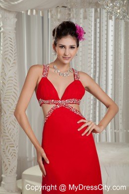 Sexy Jeweled Double Straps Red Pageant Dress with Stomach Cutout