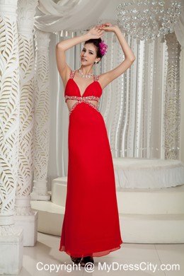 Sexy Jeweled Double Straps Red Pageant Dress with Stomach Cutout