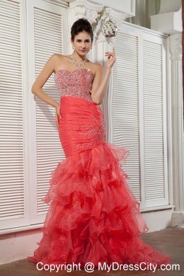 Unique Coral Red Ruffle Layered Asymmetric Skirt Pageant Dress