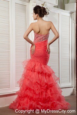 Unique Coral Red Ruffle Layered Asymmetric Skirt Pageant Dress