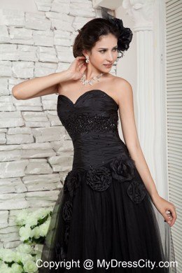 Hand Made Flower Decorate Black Long Tulle Skirt Pageant Dress