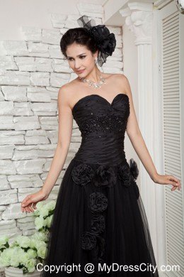 Hand Made Flower Decorate Black Long Tulle Skirt Pageant Dress